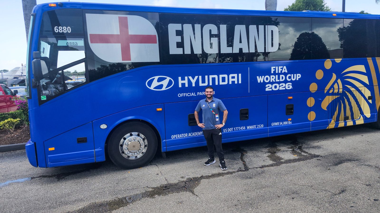 Santiago Reyes with the England national team bus at the FIFA World Cup 2026