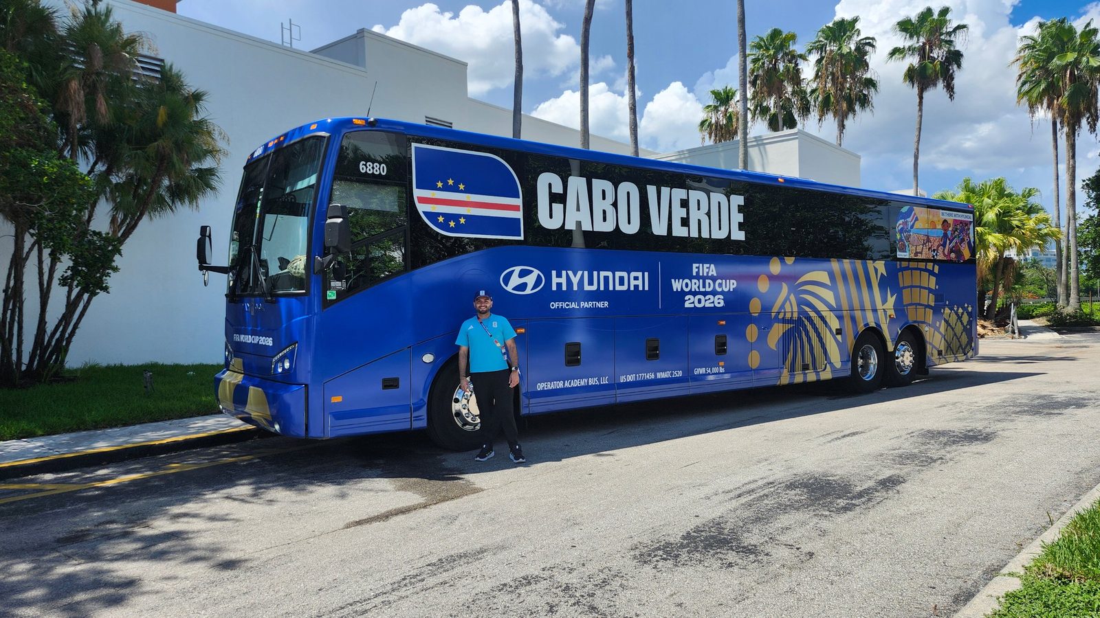 Santiago Reyes with the Cabo Verde national team bus at the FIFA World Cup 2026