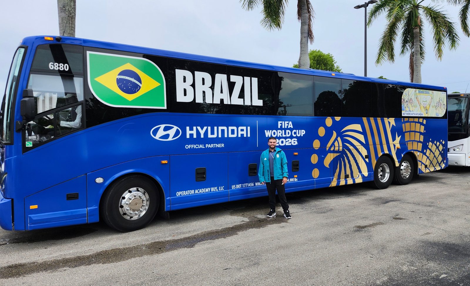 Santiago Reyes with the Brazil national team bus at the FIFA World Cup 2026