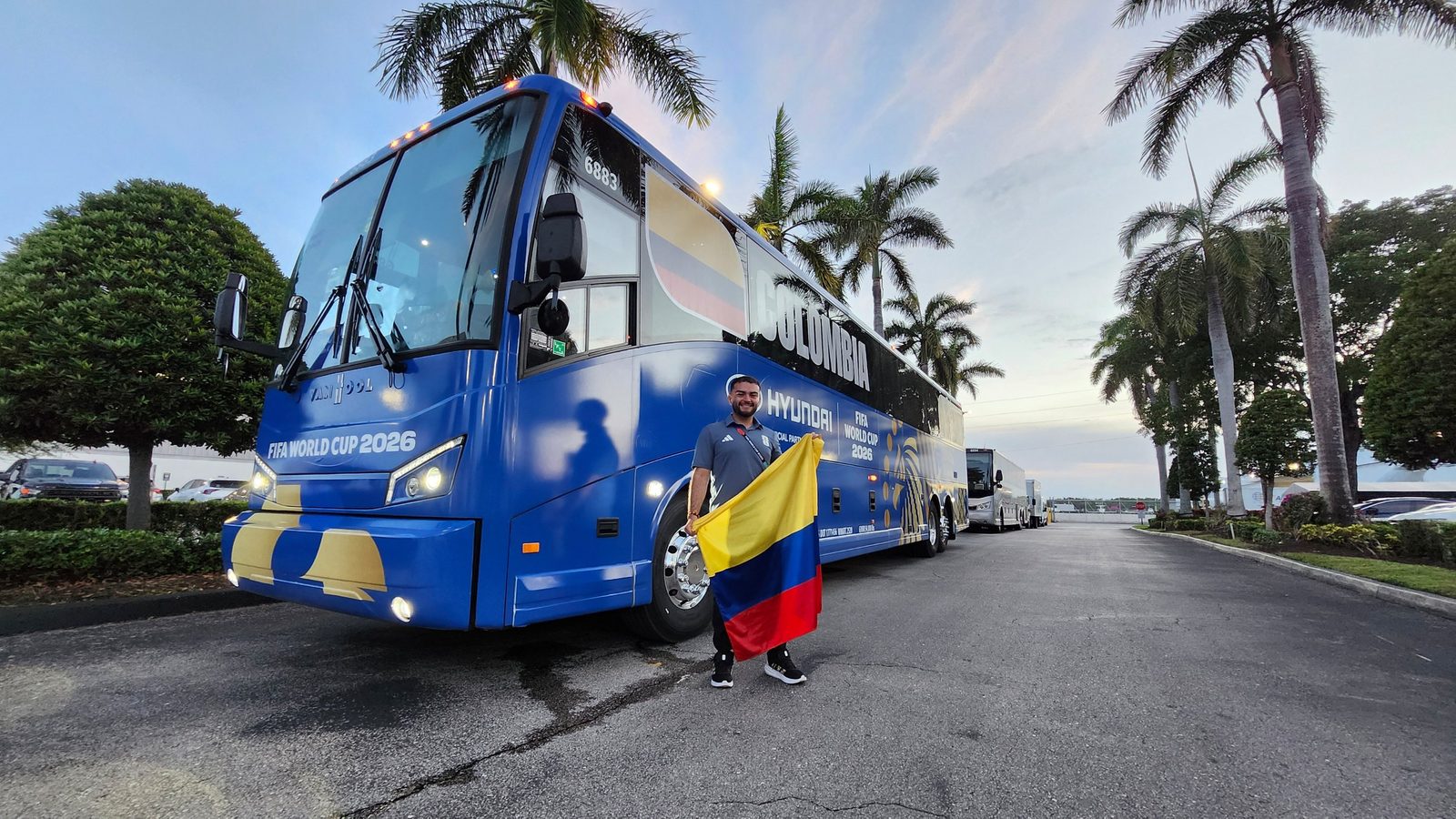 Santiago Reyes with the Colombia national team bus at the FIFA World Cup 2026