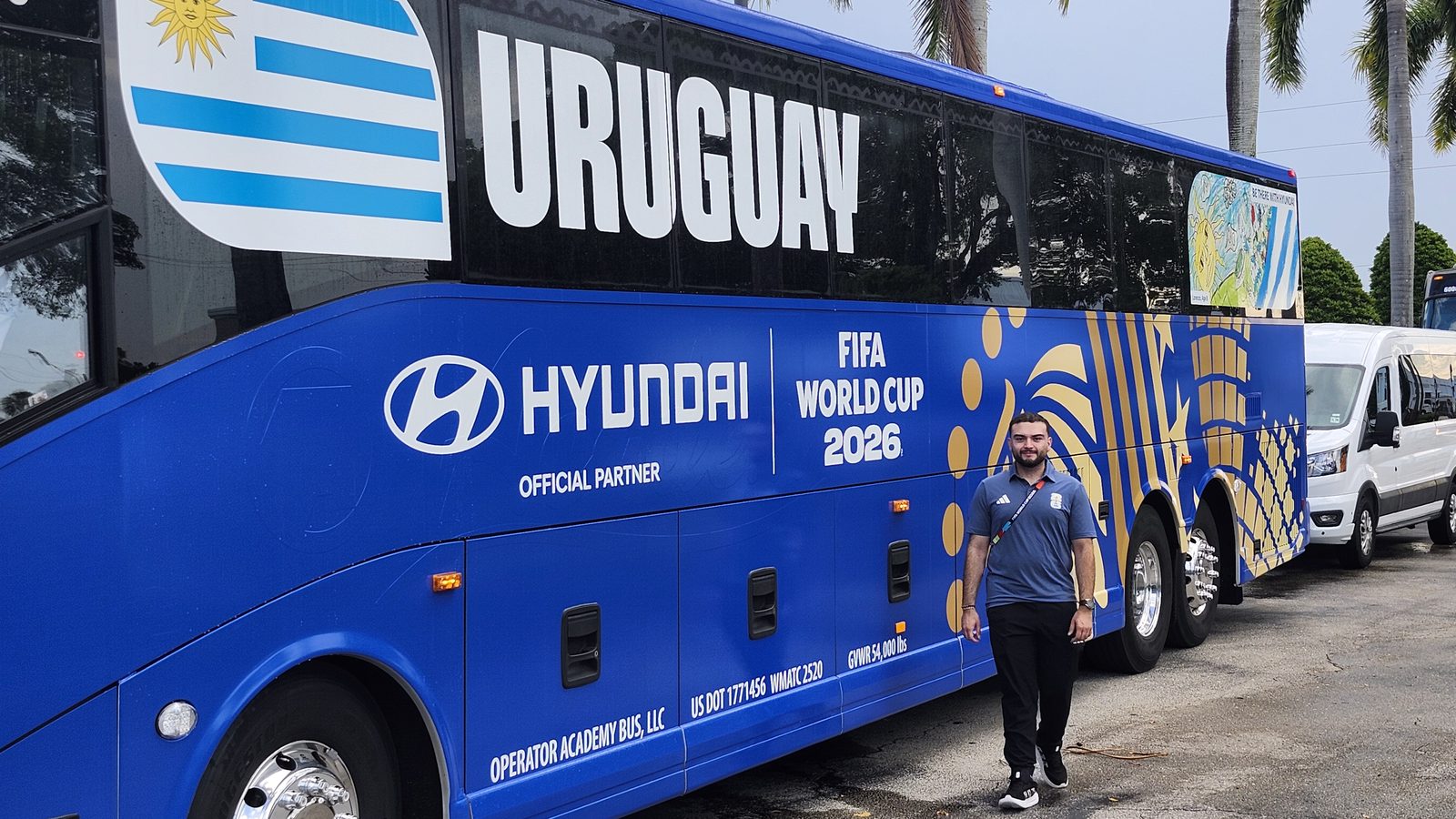 Santiago Reyes with the Uruguay national team bus at the FIFA World Cup 2026