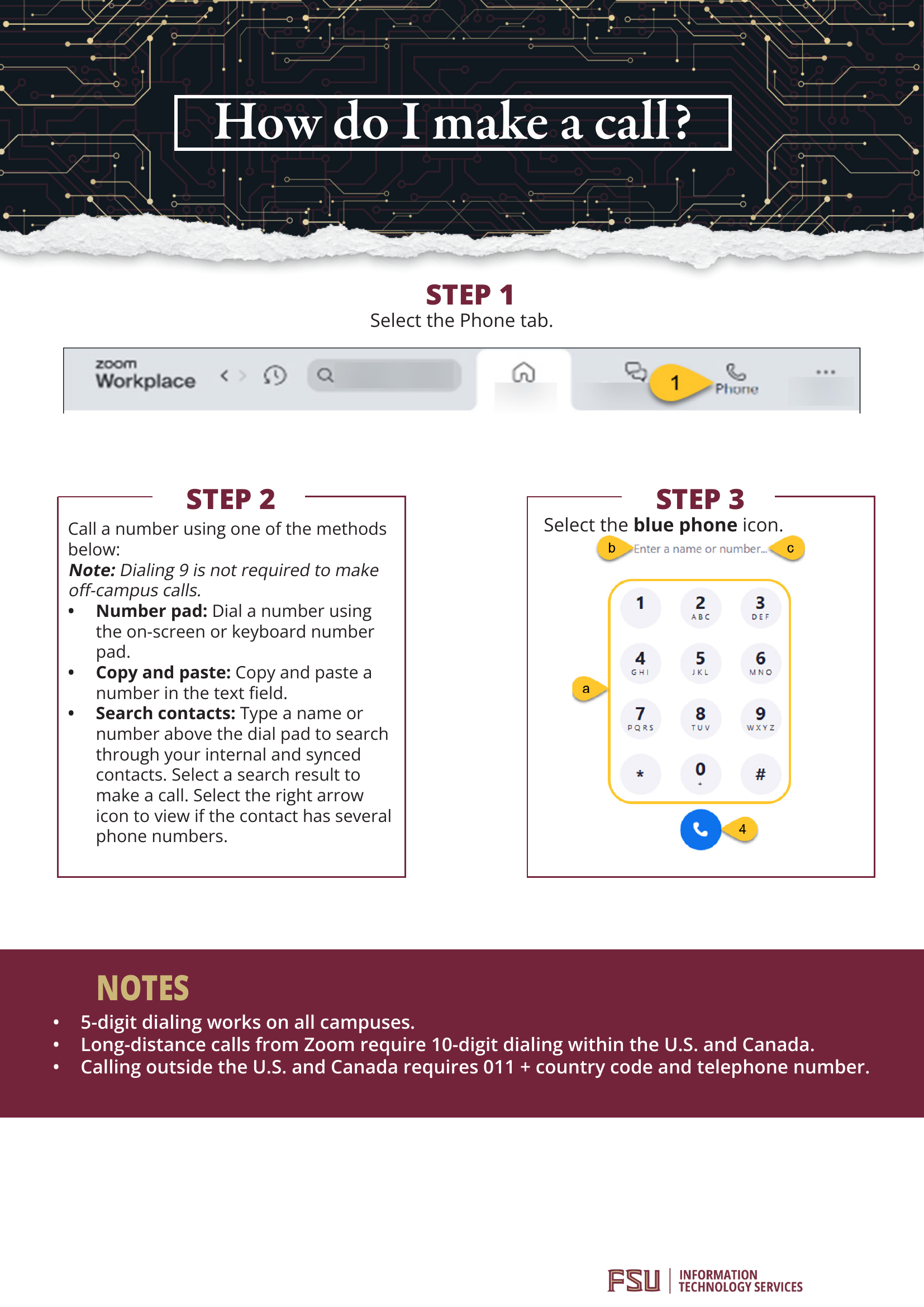 FSU ITS Zoom Phone campaign: "How do I make a call?" instruction sheet