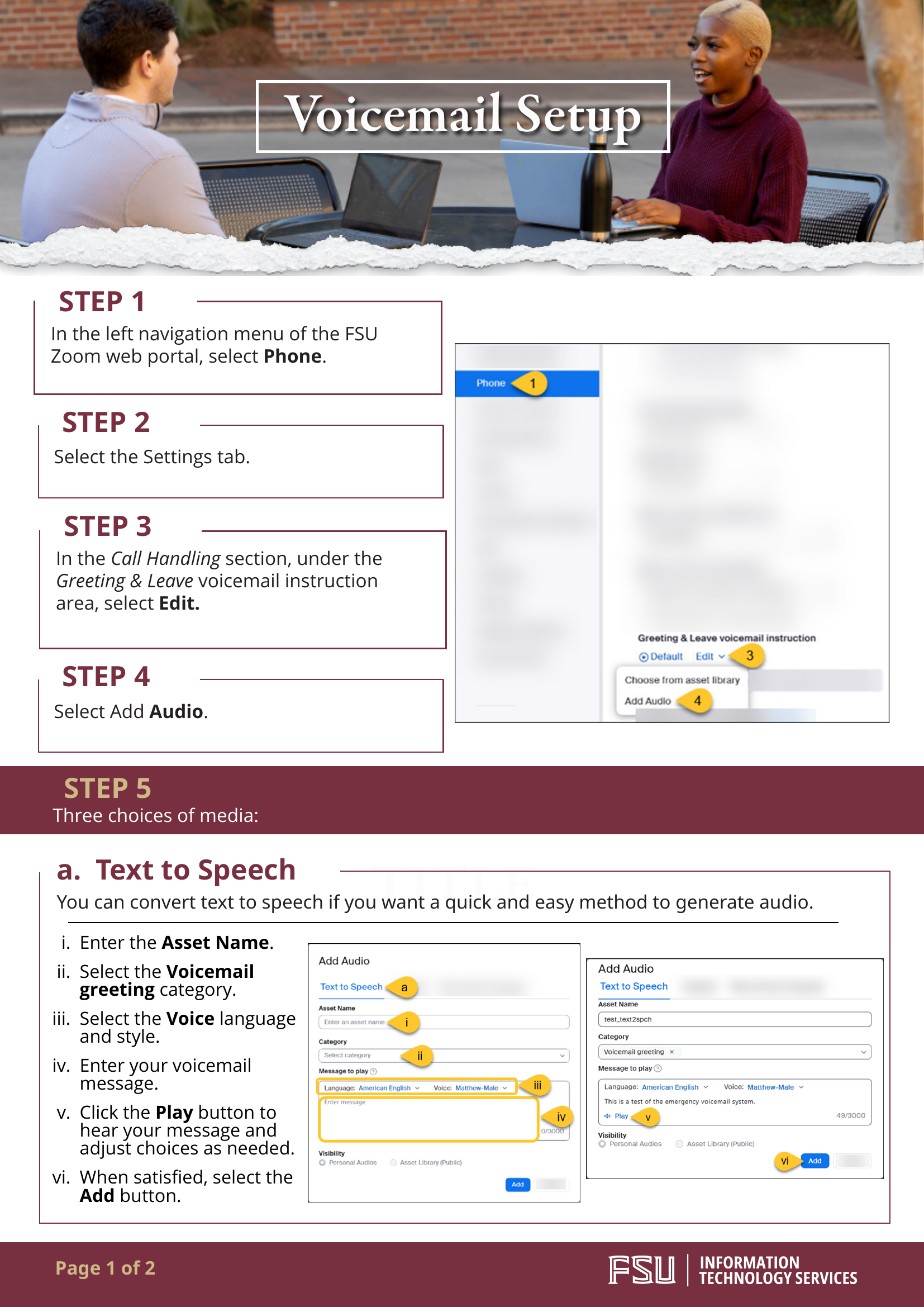 FSU ITS Zoom Phone campaign: Voicemail setup guide, page 1
