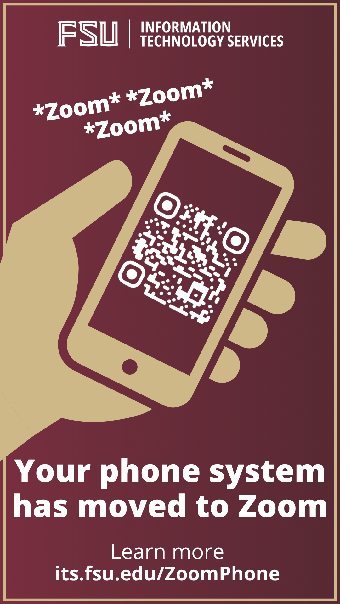 FSU ITS Zoom Phone campaign: "Your phone system has moved to Zoom" story graphic